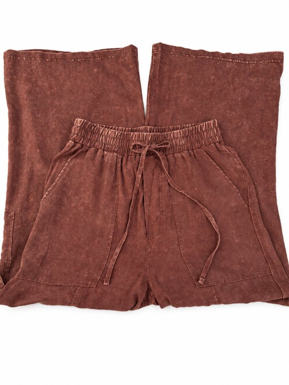 Zenana Outfitters Linen Blend Mahogany Mineral Wash Wide Leg Cargo Pants NWT - Picture 7 of 13